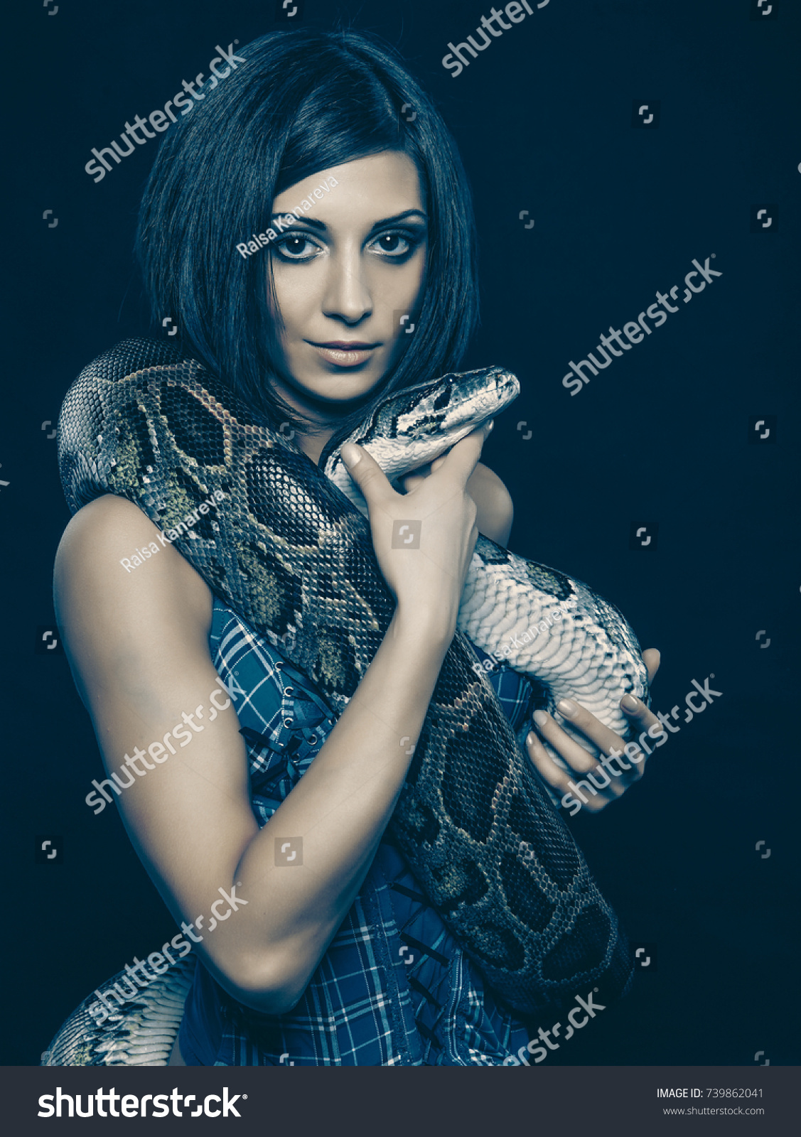 Sexy Brunette Holding Python Over Black Stock Photo 739862041