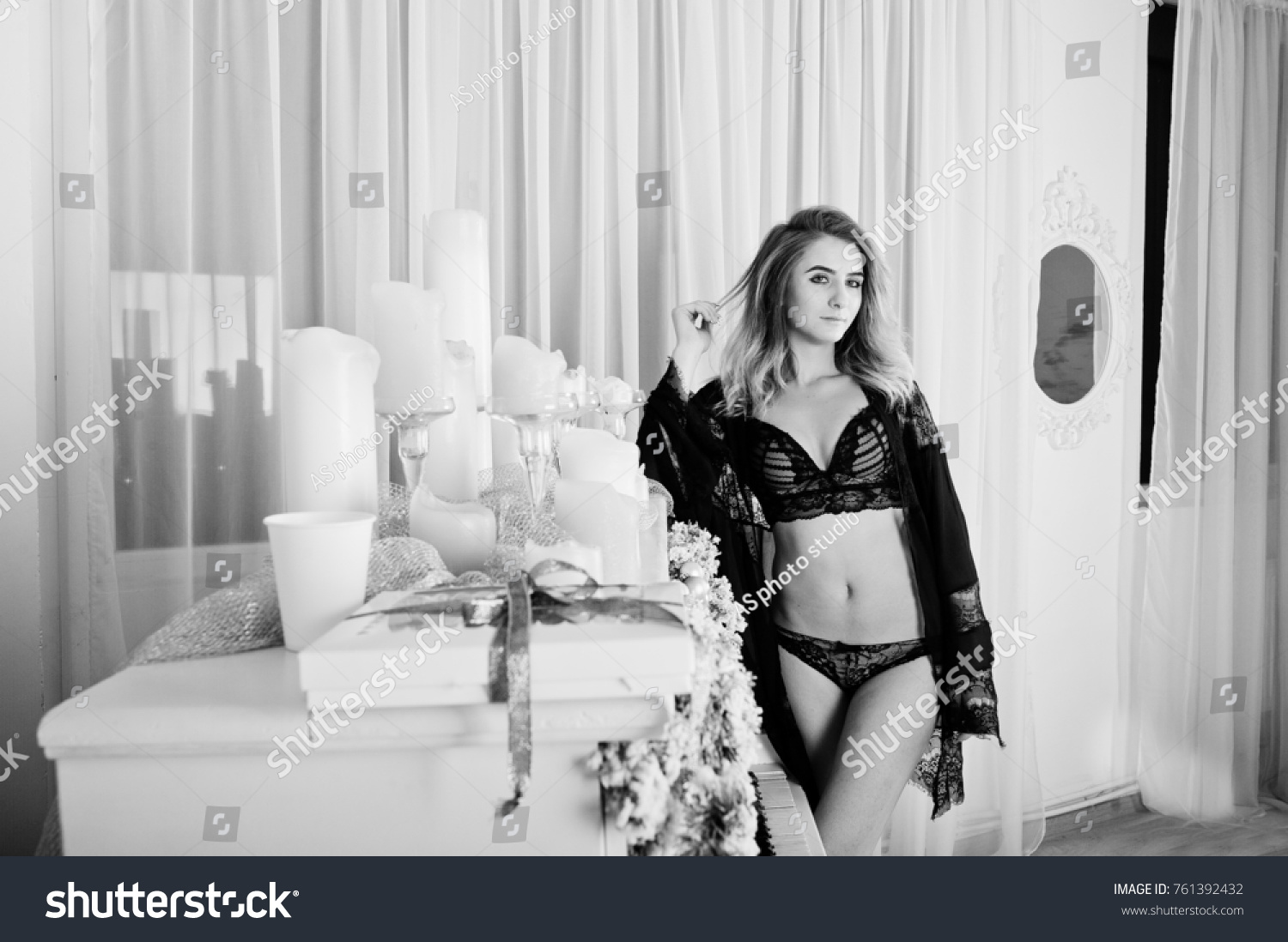 Sexy Blonde Model Black Lingerie High Shutterstock