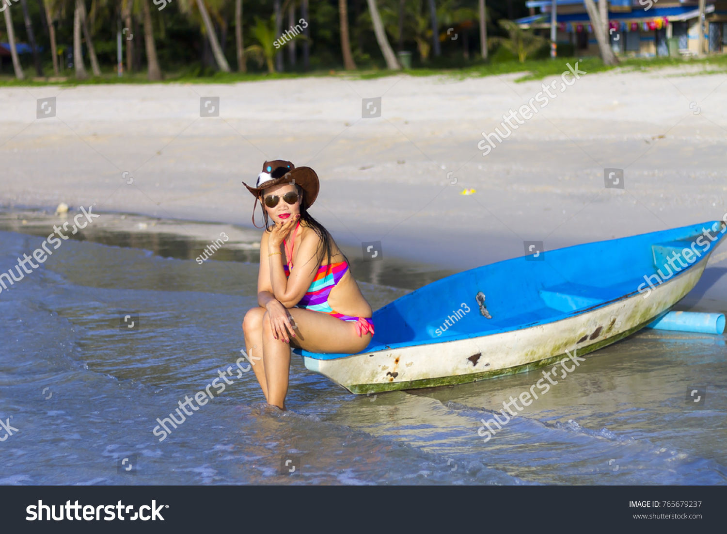 Woman Body Beautiful Bikini Canoe Morning Stock Photo