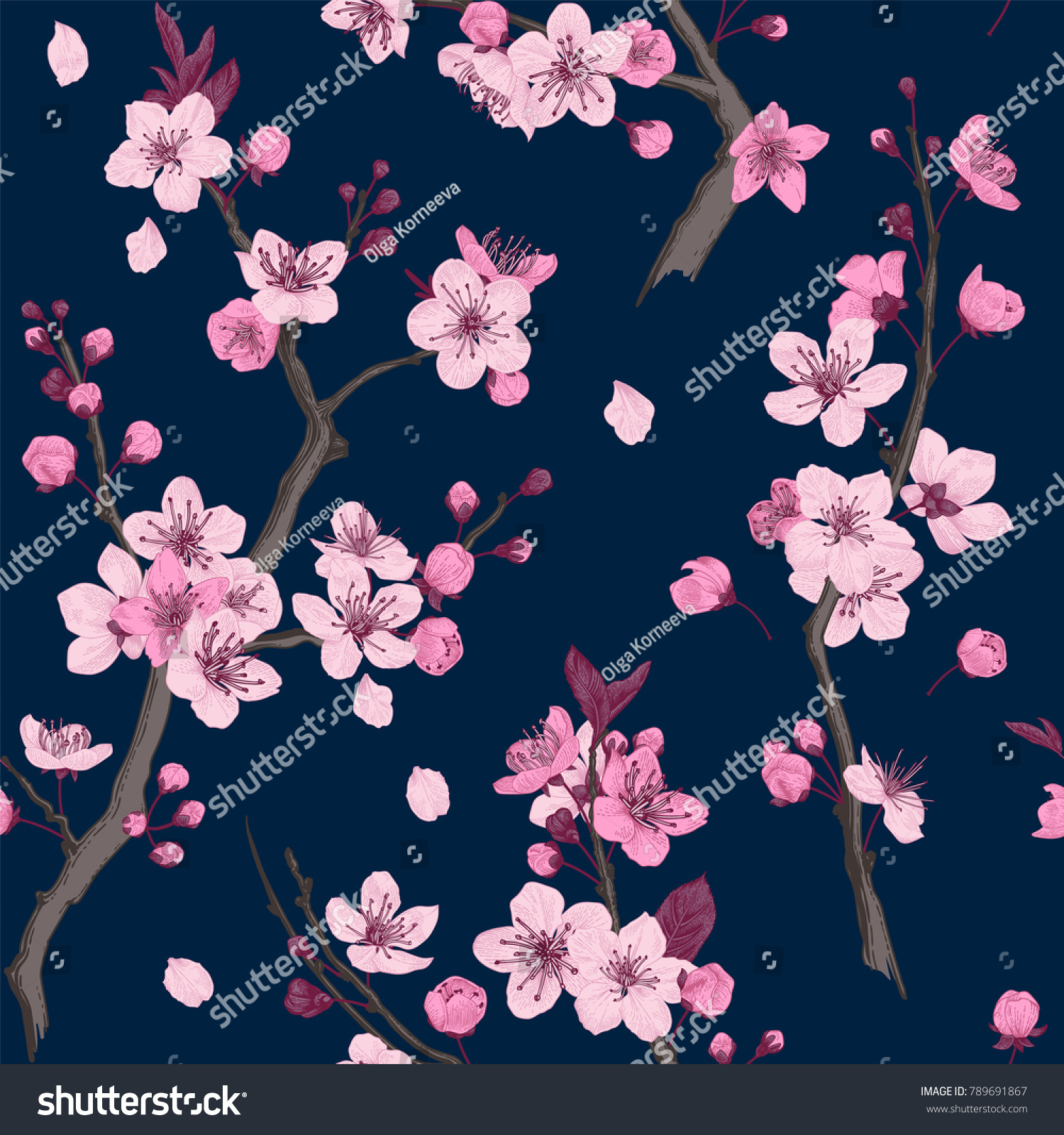 Sakura Seamless Pattern Pink Cherry Blossom Stock Vector Royalty Free