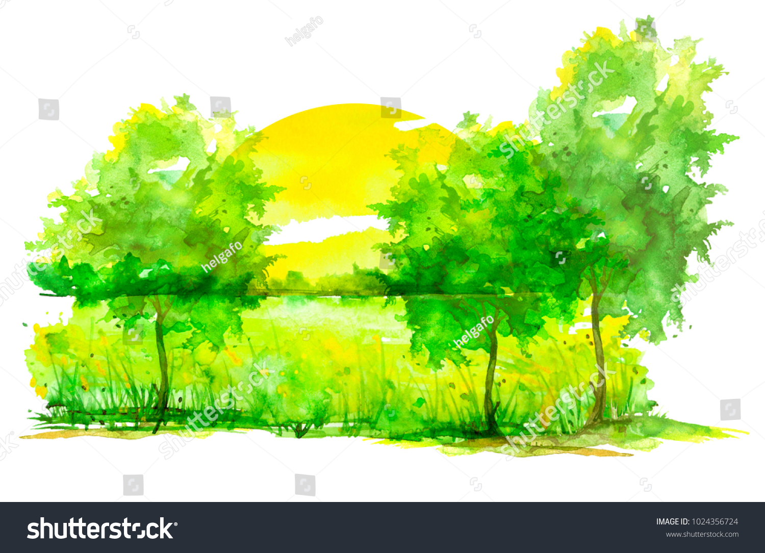 Watercolor Painting Summer Landscape Of Bright Royalty Free Stock