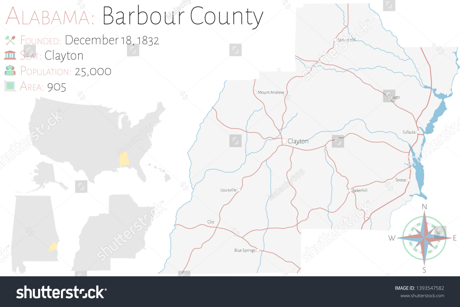 Large And Detailed Map Of Barbour County In Royalty Free Stock Vector