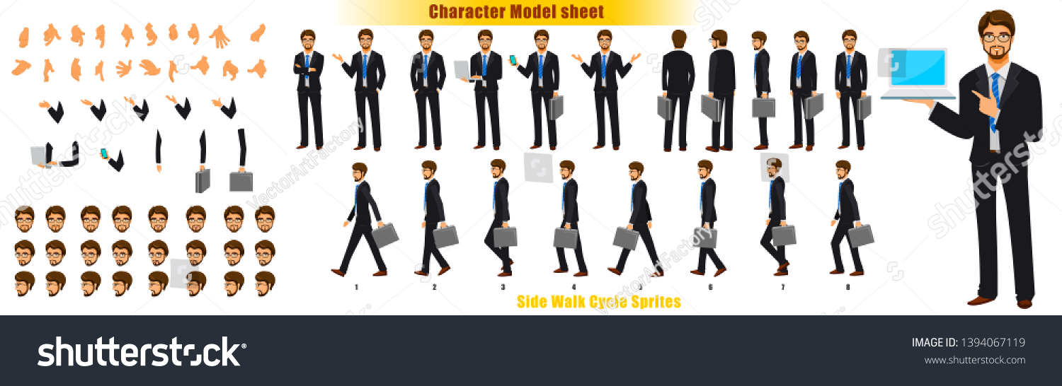 Businessman Character Model Sheet With Walk Royalty Free Stock Vector