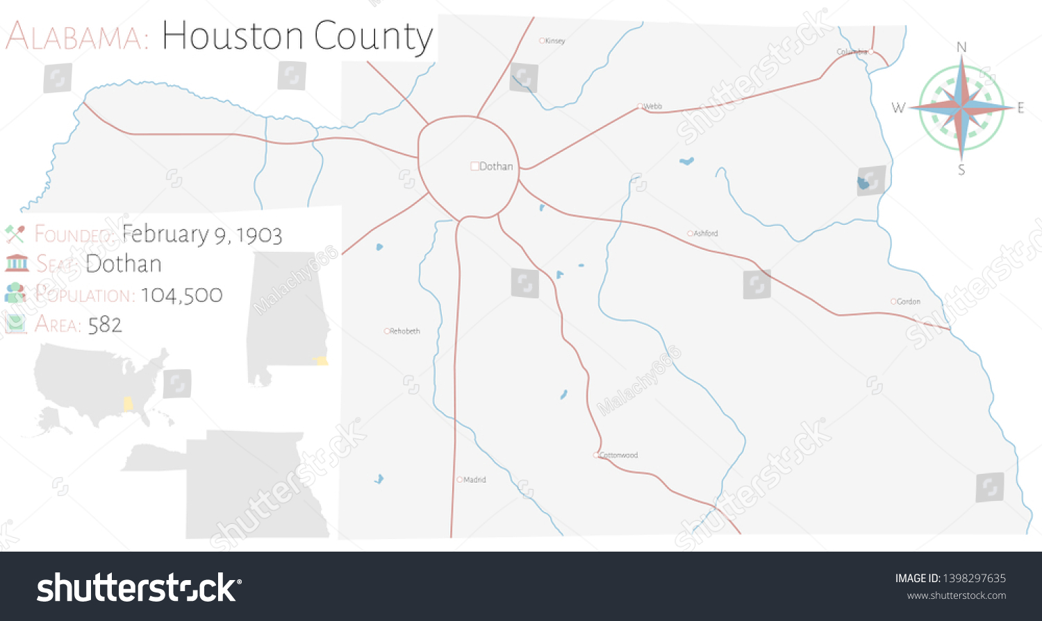 Large And Detailed Map Of Houston County In Royalty Free Stock Vector