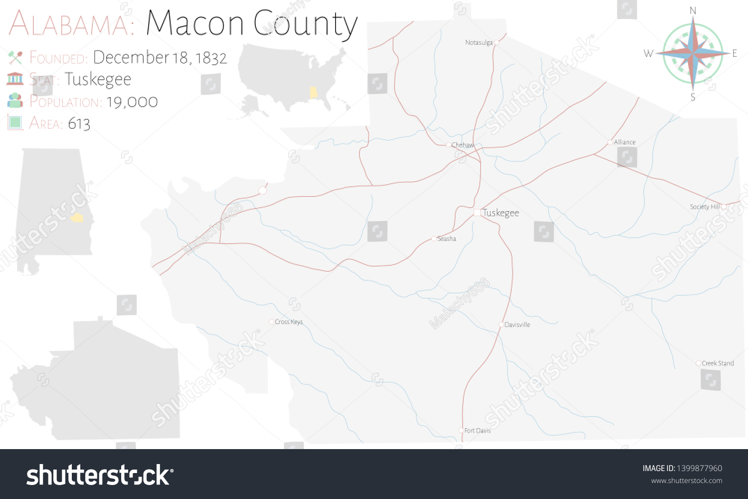 Large And Detailed Map Of Macon County In Royalty Free Stock Vector