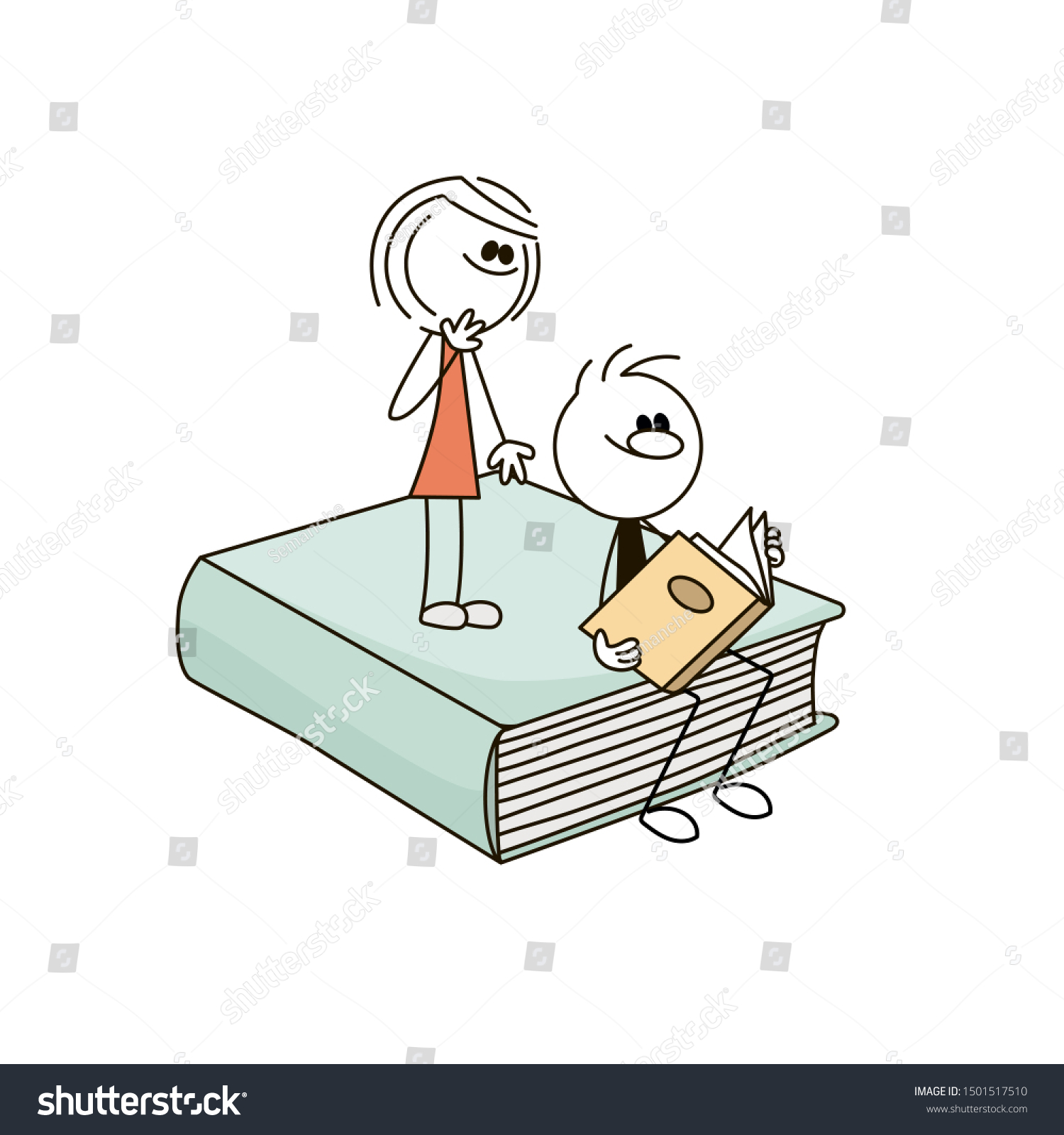 Doodle Stick Figure Man Woman And Big Book Royalty Free Stock