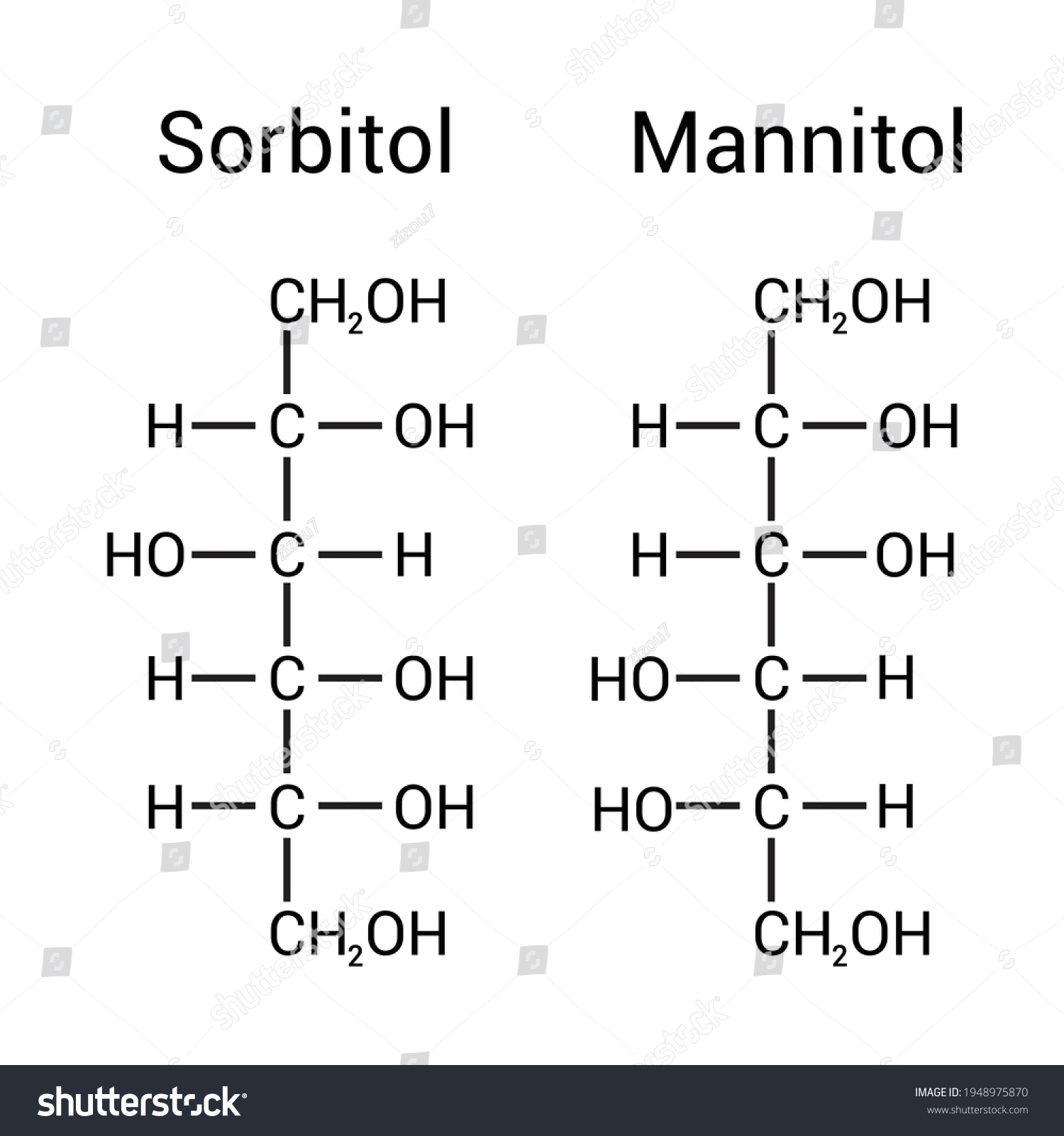 Chemical Structure Of Mannitol And Sorbitol Royalty Free Stock Vector