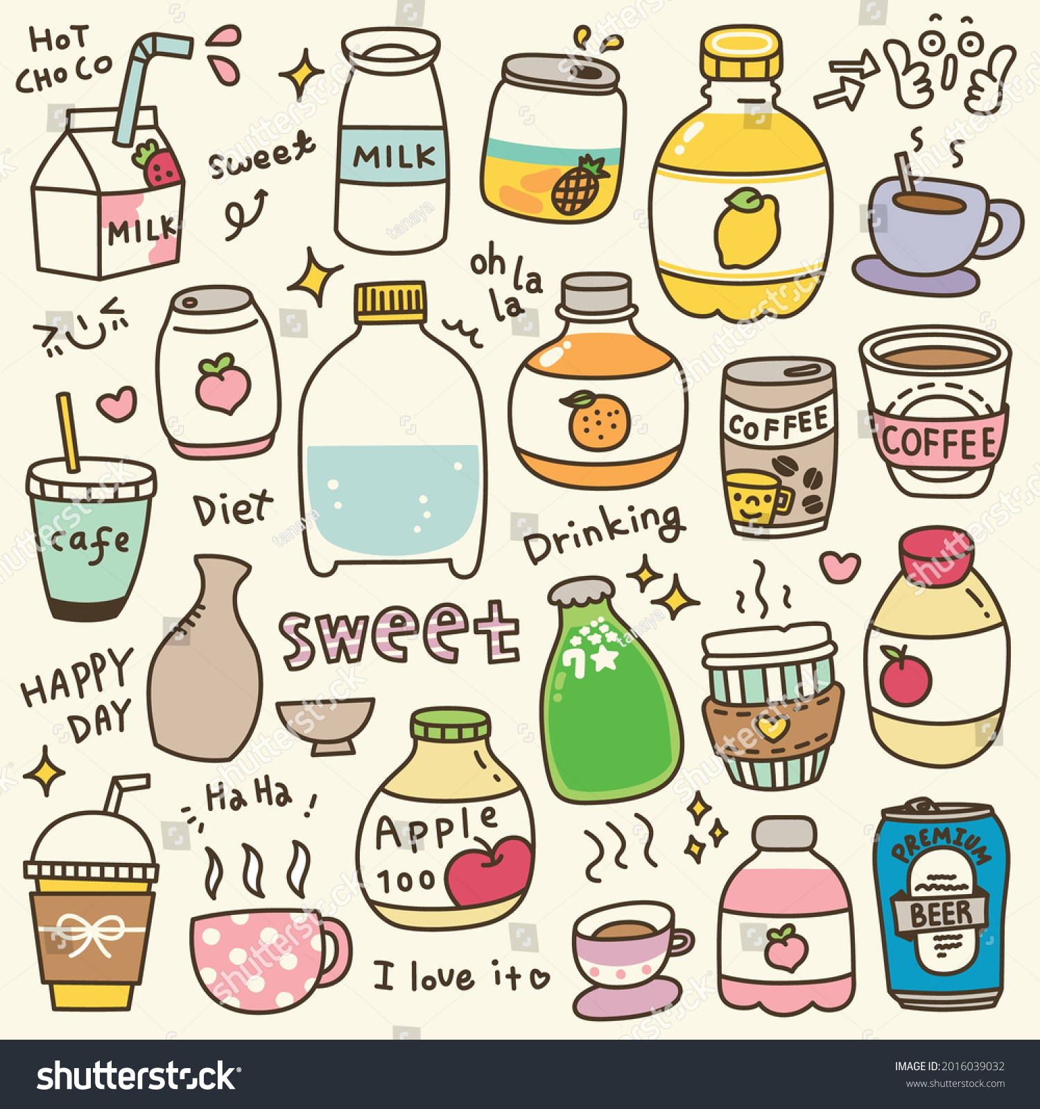 Set Of Cute Beverages Doodle Hand Drawn Vector Royalty Free Stock