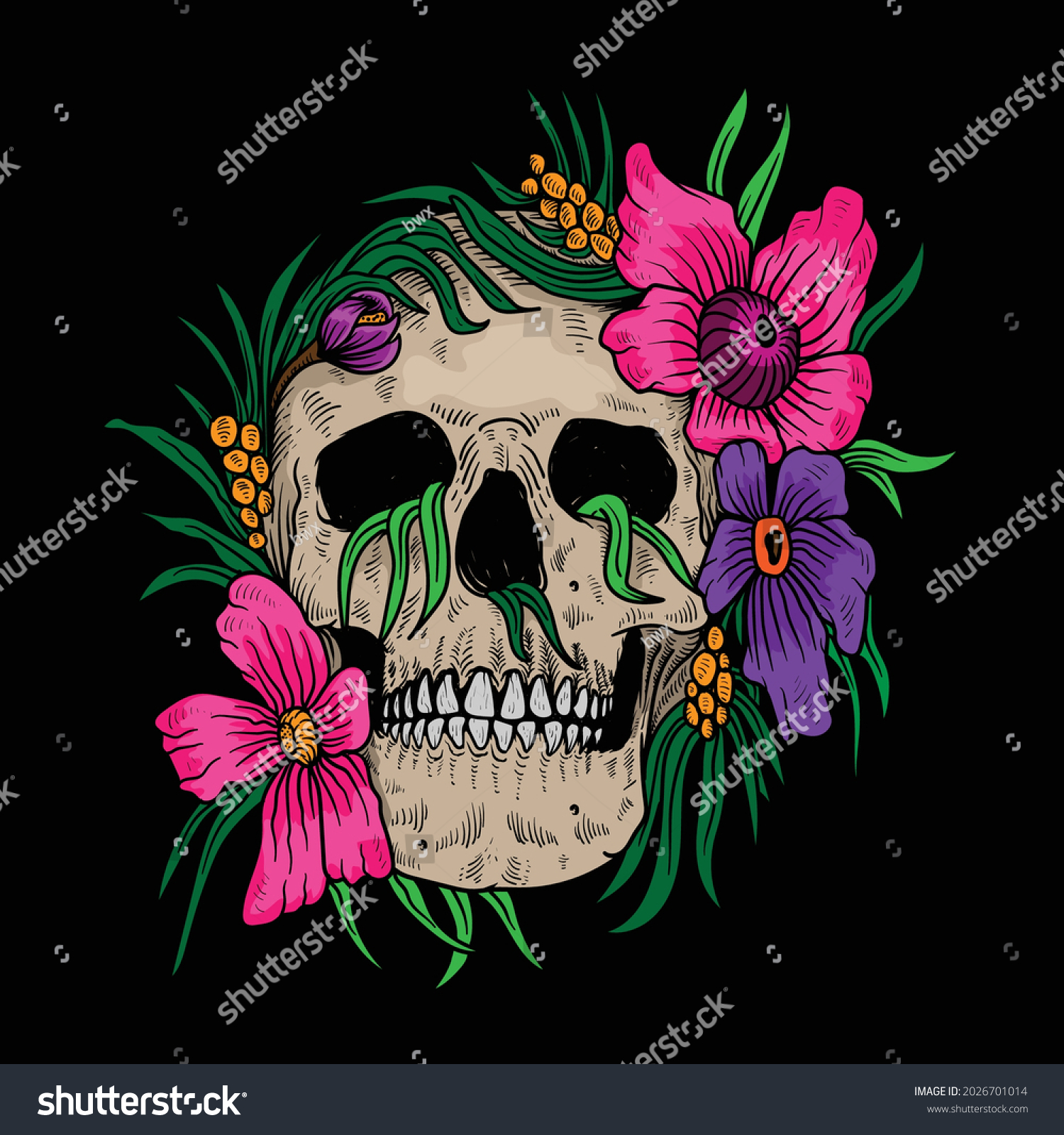 Tattoo And T Shirt Design Skull And Flower Royalty Free Stock Vector