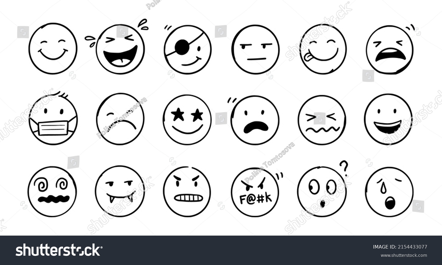 Doodle Emoji Face Icon Set Hand Drawn Sketch Royalty Free Stock