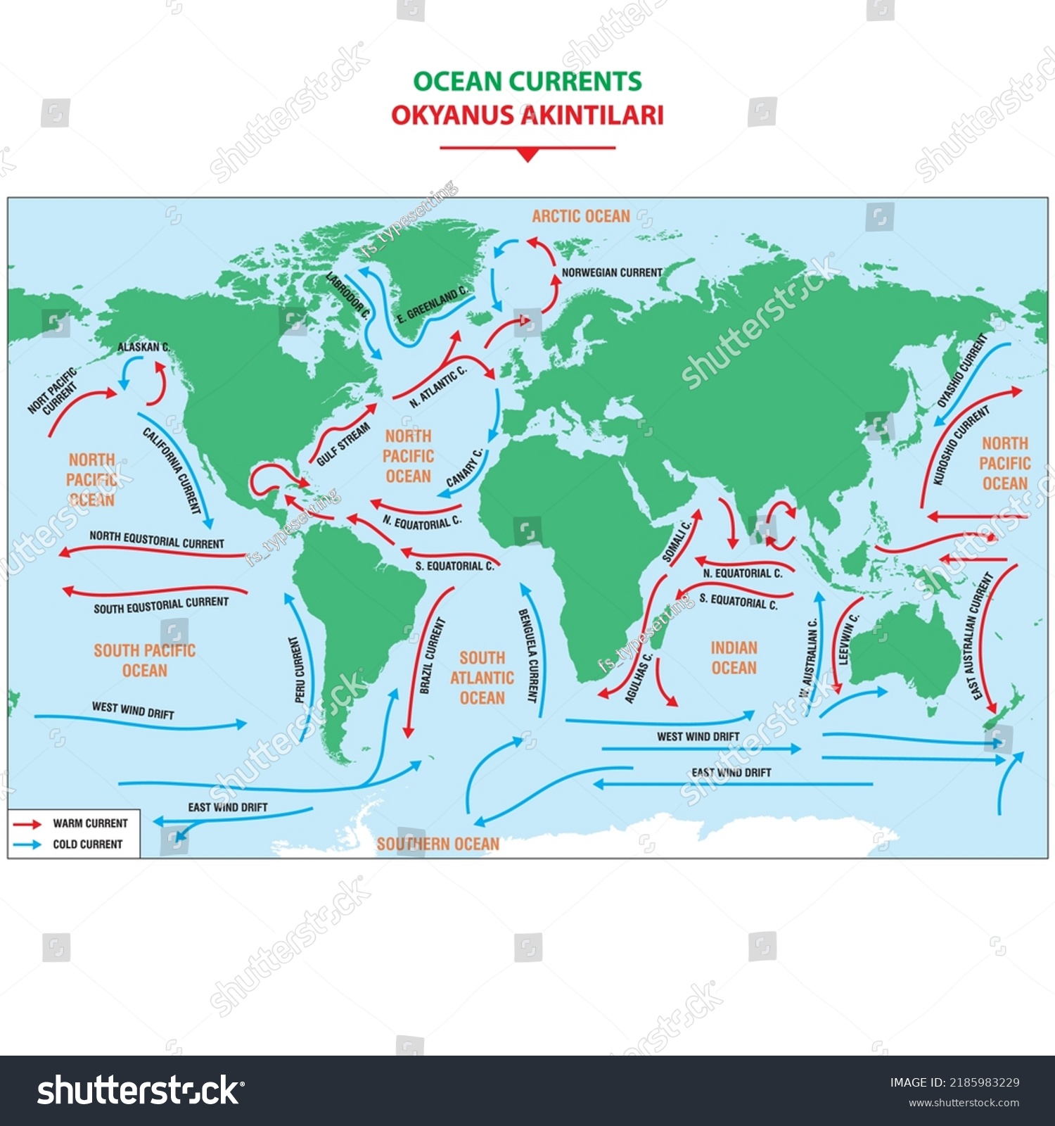 The Ocean Current World Map With Names Royalty Free Stock Vector