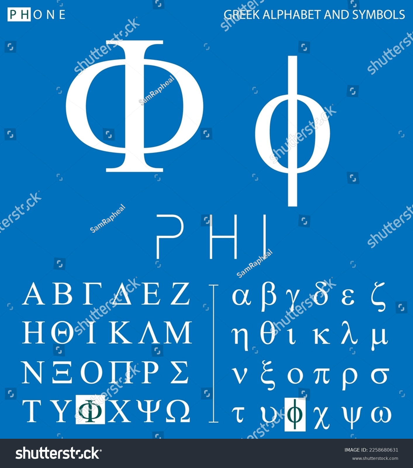 Greek Alphabet And Symbols Phi Letter With Royalty Free Stock Vector