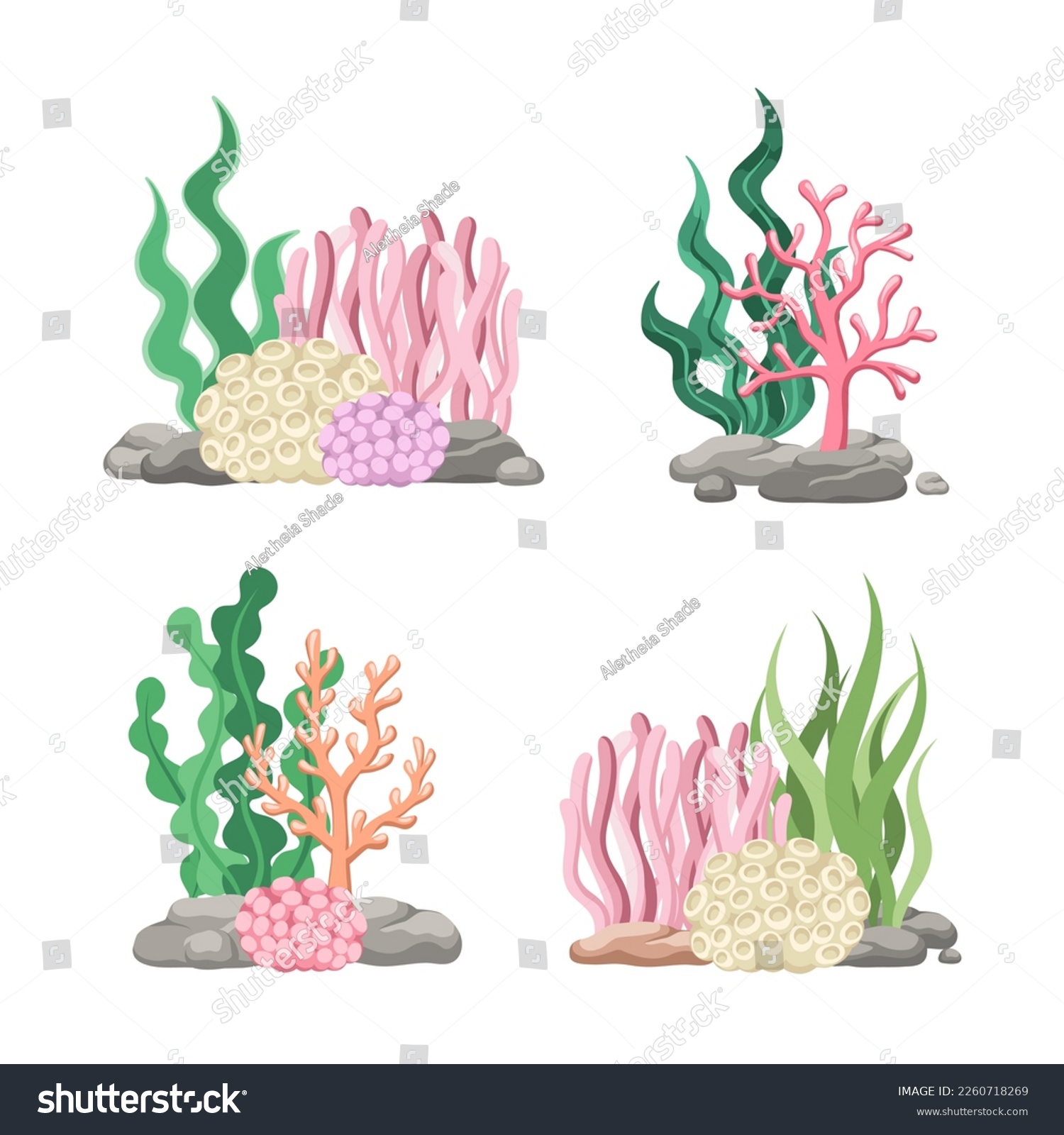 Set Of Coral Reefs With Algae Seaweed And Rocks Royalty Free Stock Vector Avopix