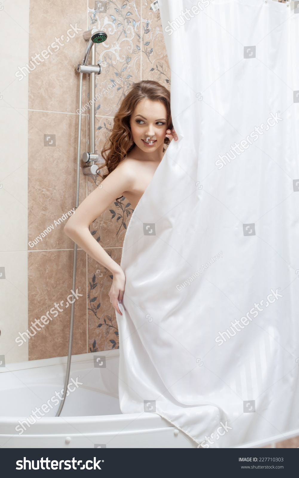 Pretty Naked Woman Hiding Behind Shower Curtain Royalty Free Stock