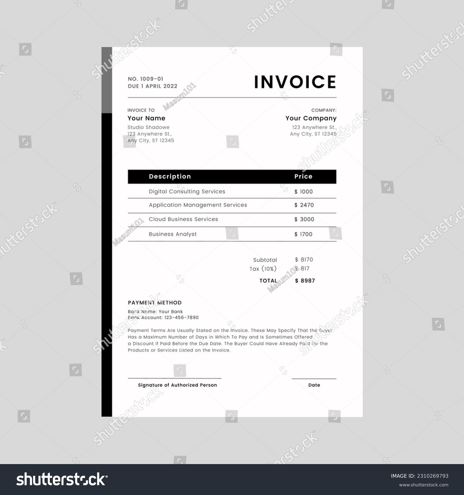 Minimal Black Invoice Template Vector Design Royalty Free Stock