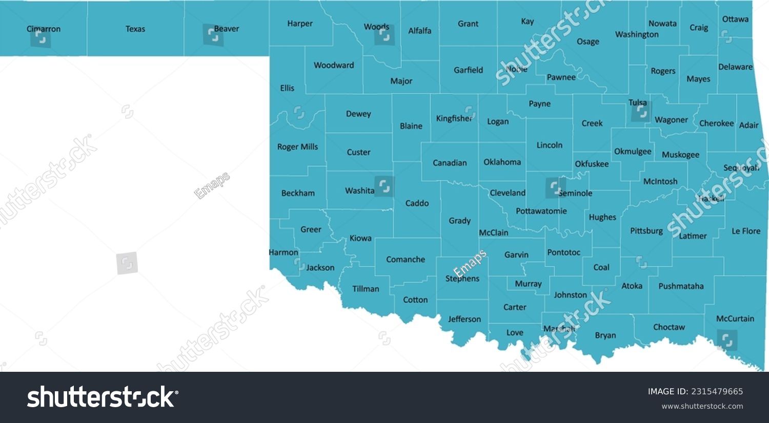 US Oklahoma County Map With 77 Counties Names Royalty Free Stock