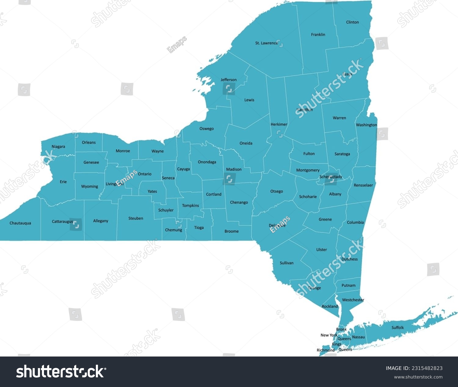 US New York County Map With 62 Counties Names Royalty Free Stock