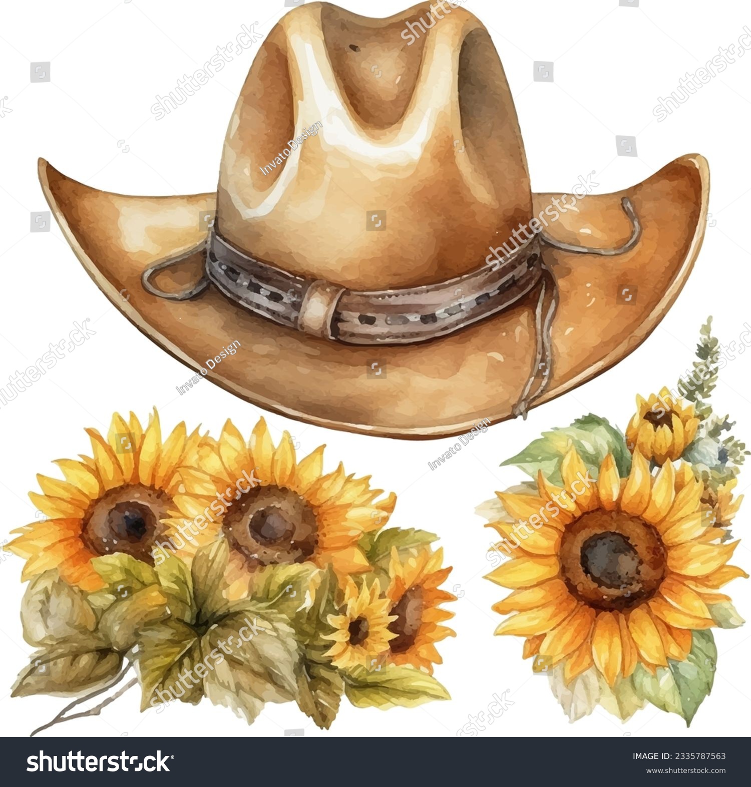 Watercolor Hand Painted Cowboy Hat And Sunflower Royalty Free Stock