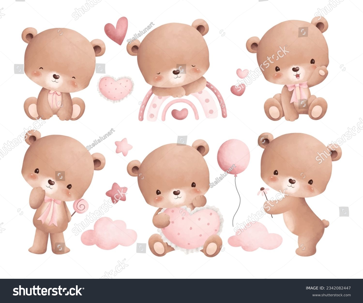 Watercolor Illustration Set Of Cute Teddy Bears Royalty Free Stock