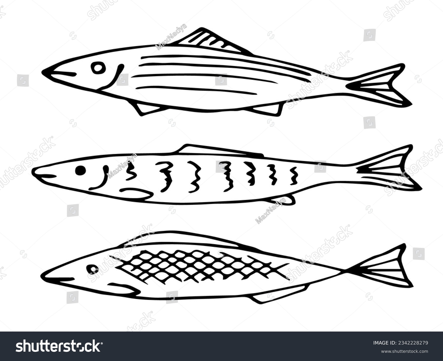 Simple Black Outline Vector Drawing Small Fish Royalty Free Stock