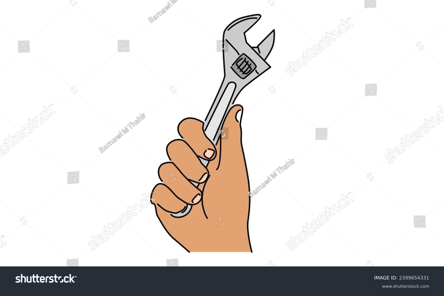 Line Art Color Of Hand Holding Adjustable Wrench Royalty Free Stock