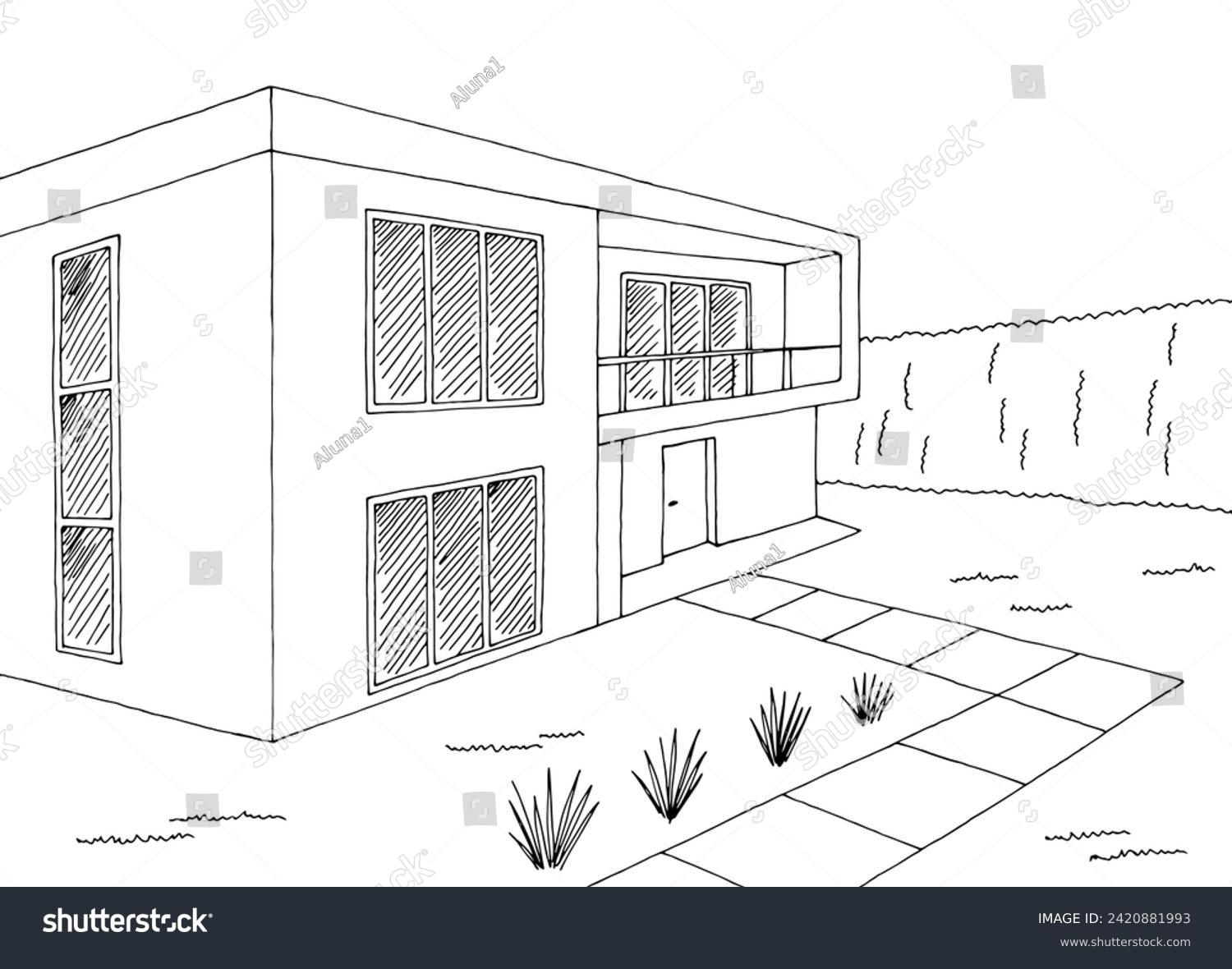 Modern House Exterior Graphic Black White Sketch Royalty Free Stock