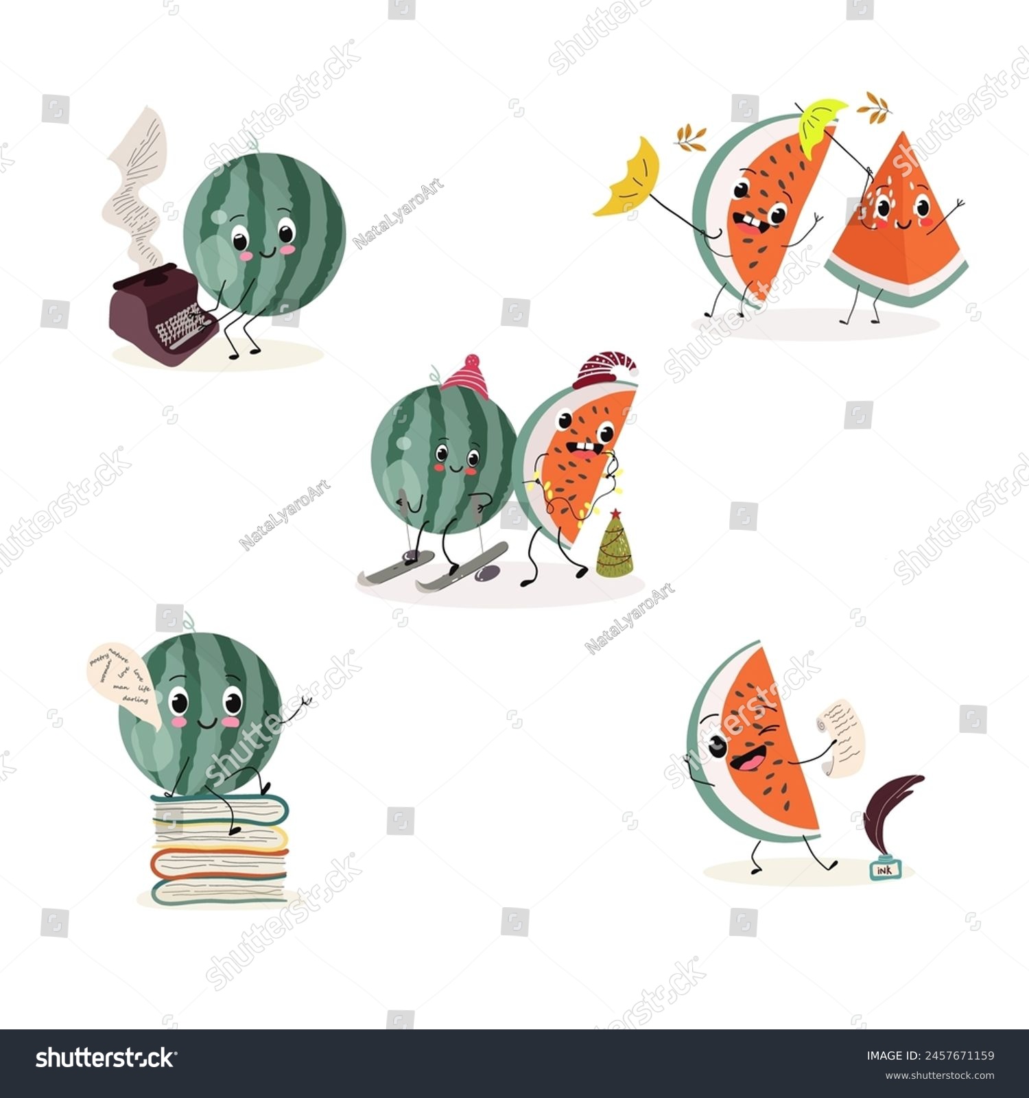 Cute Watermelon Characters Set Collection Flat Royalty Free Stock