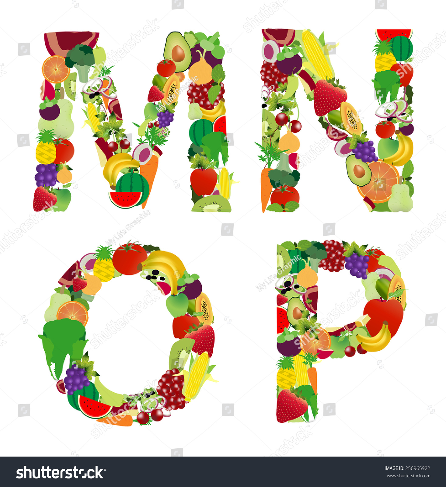 Fruit And Vegetable Alphabet Letter M N O P Royalty Free Stock