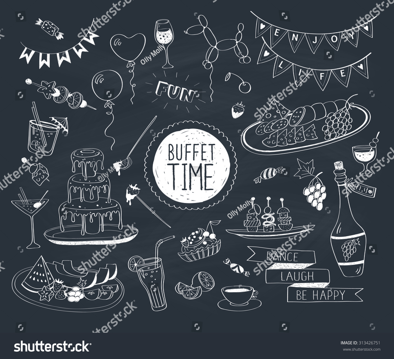 Buffet Party Doodle Set Hand Drawn Beverages Royalty Free Stock