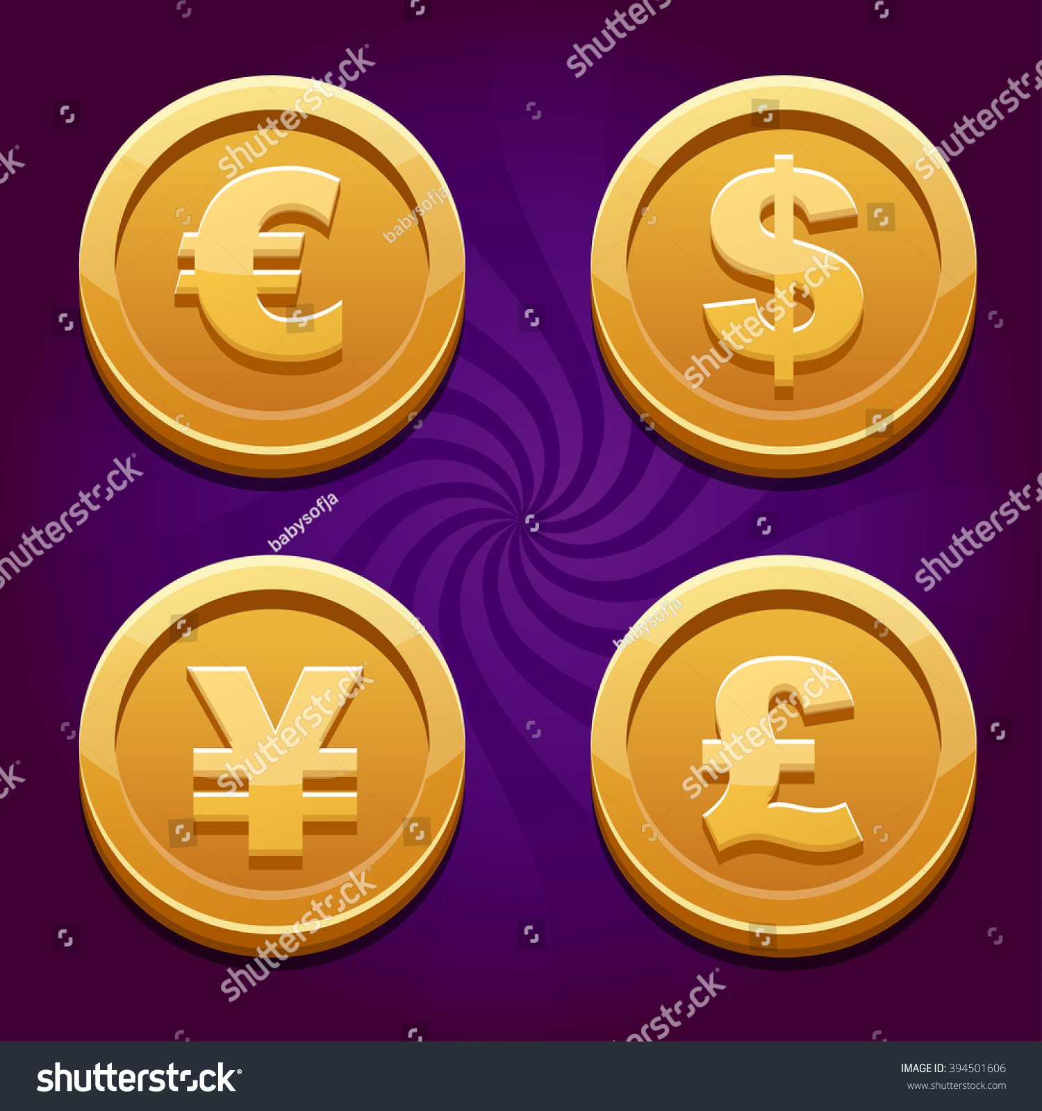 Dollar Euro Pound And Yen Gold Coins Royalty Free Stock Vector