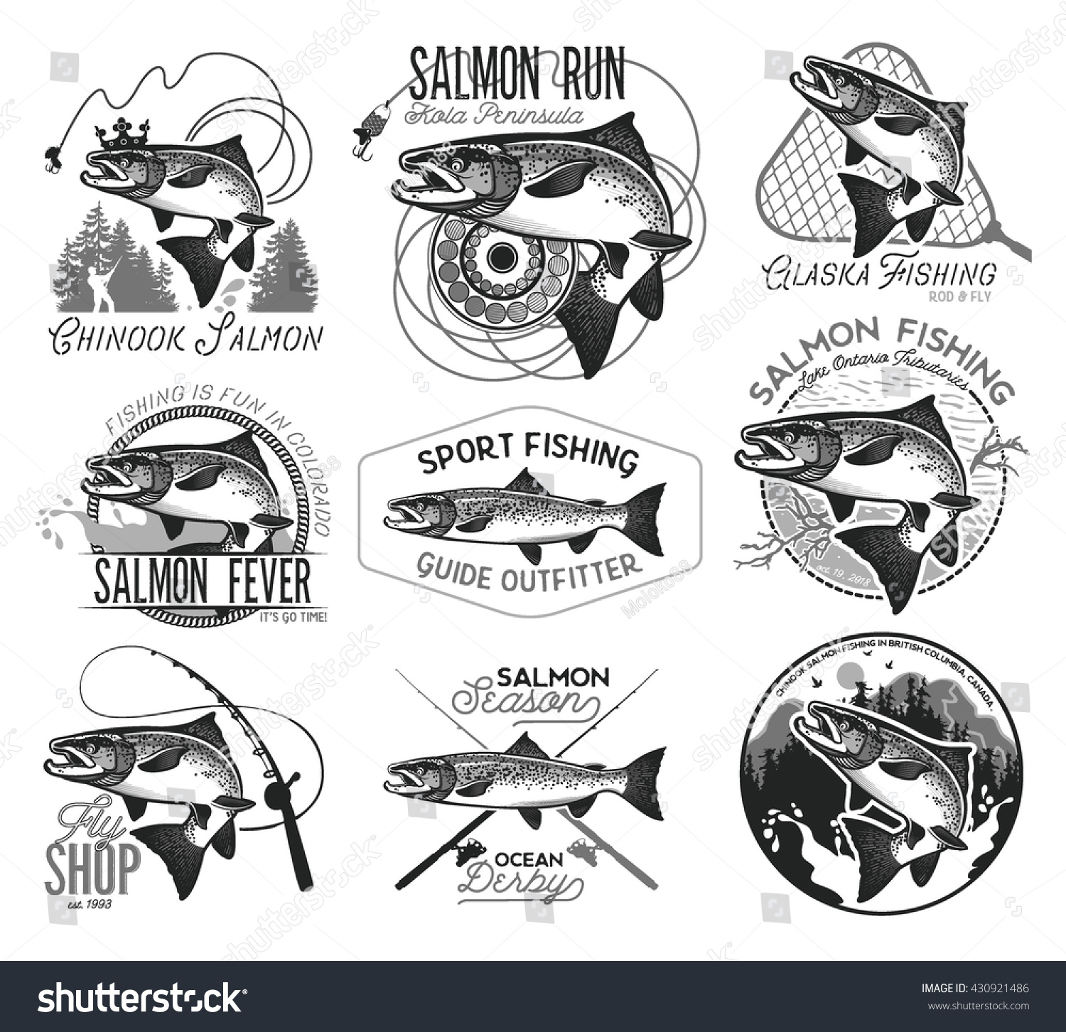 Vintage Salmon Fishing Emblems Labels And Royalty Free Stock Vector