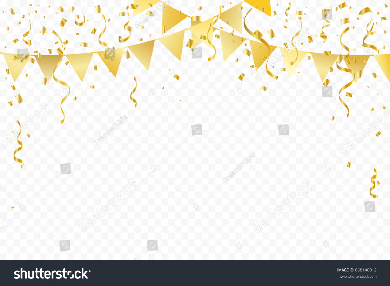 Golden Party Flags With Confetti And Ribbons Royalty Free Stock