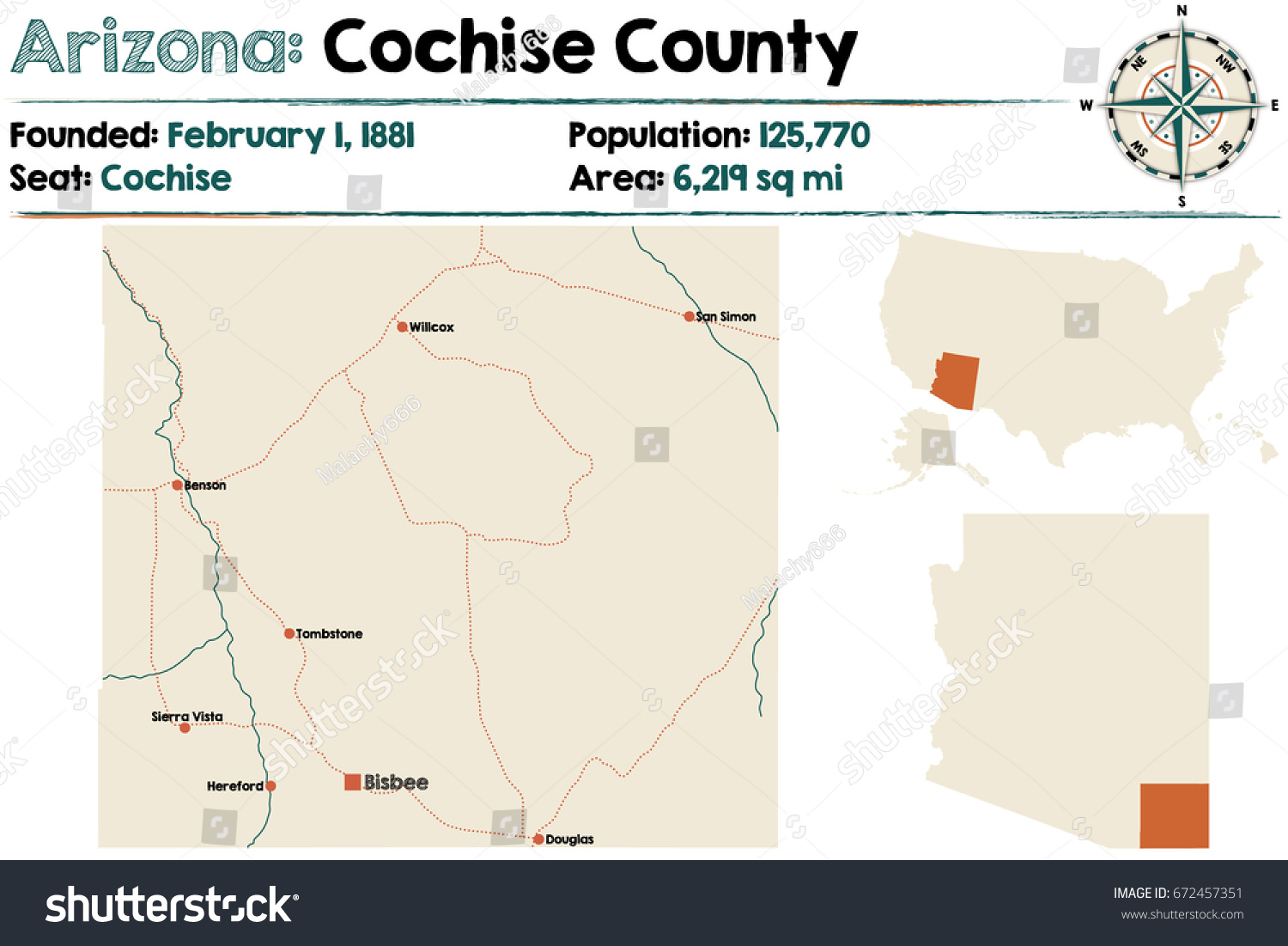 Large And Detailed Map Of Cochise County In Royalty Free Stock Vector