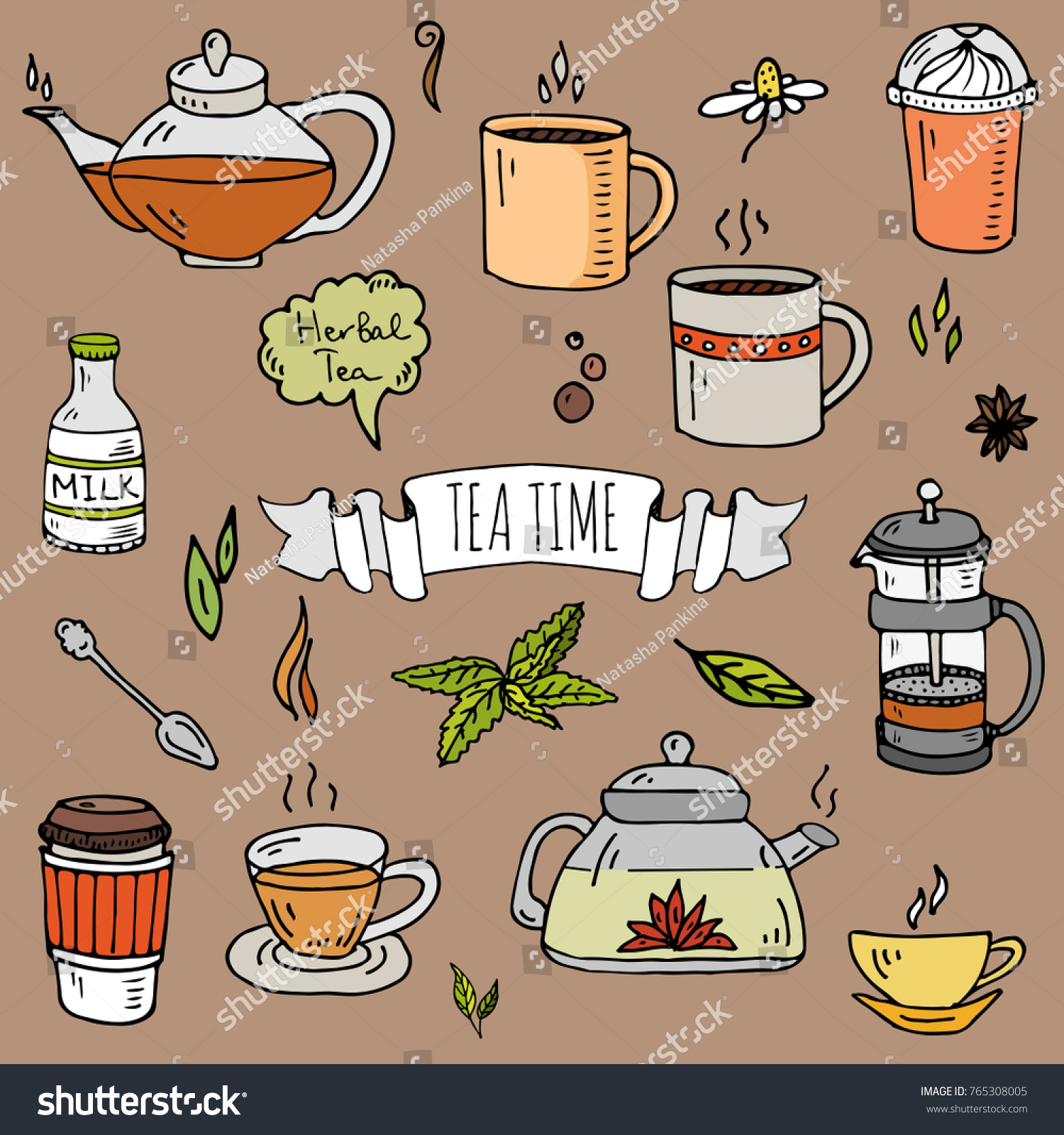 Hand Drawn Doodle Tea Time Icon Set Vector Royalty Free Stock Vector