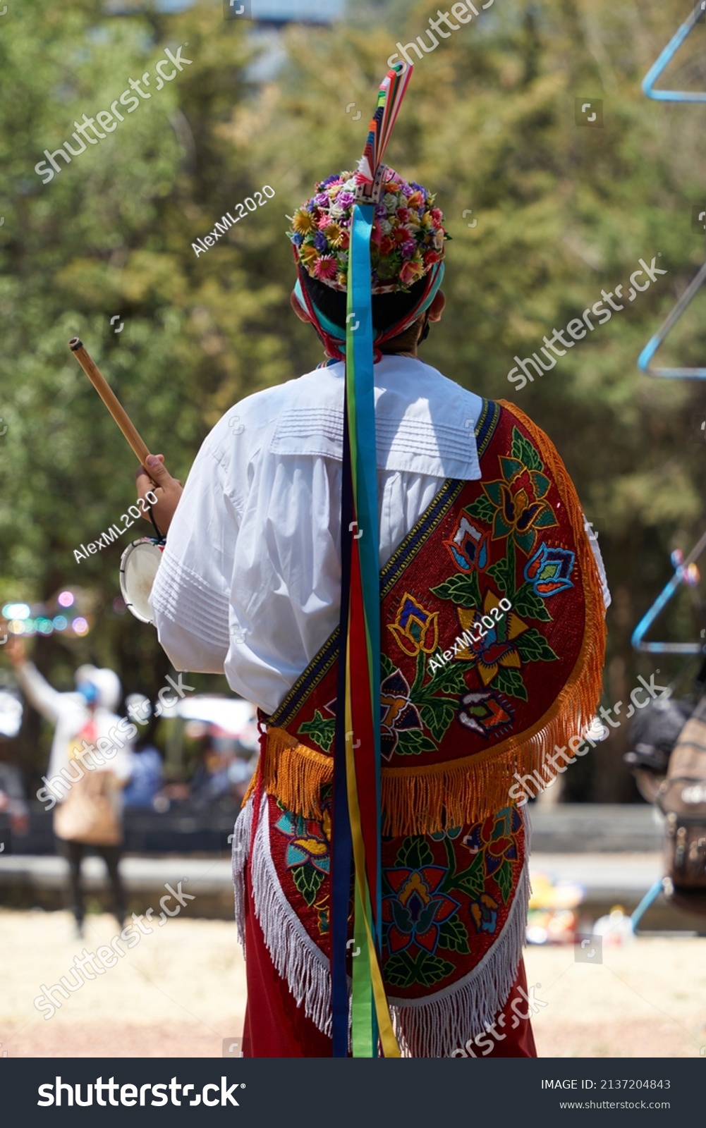 Close Papantla Flyer His Typical Costume Stock Photo