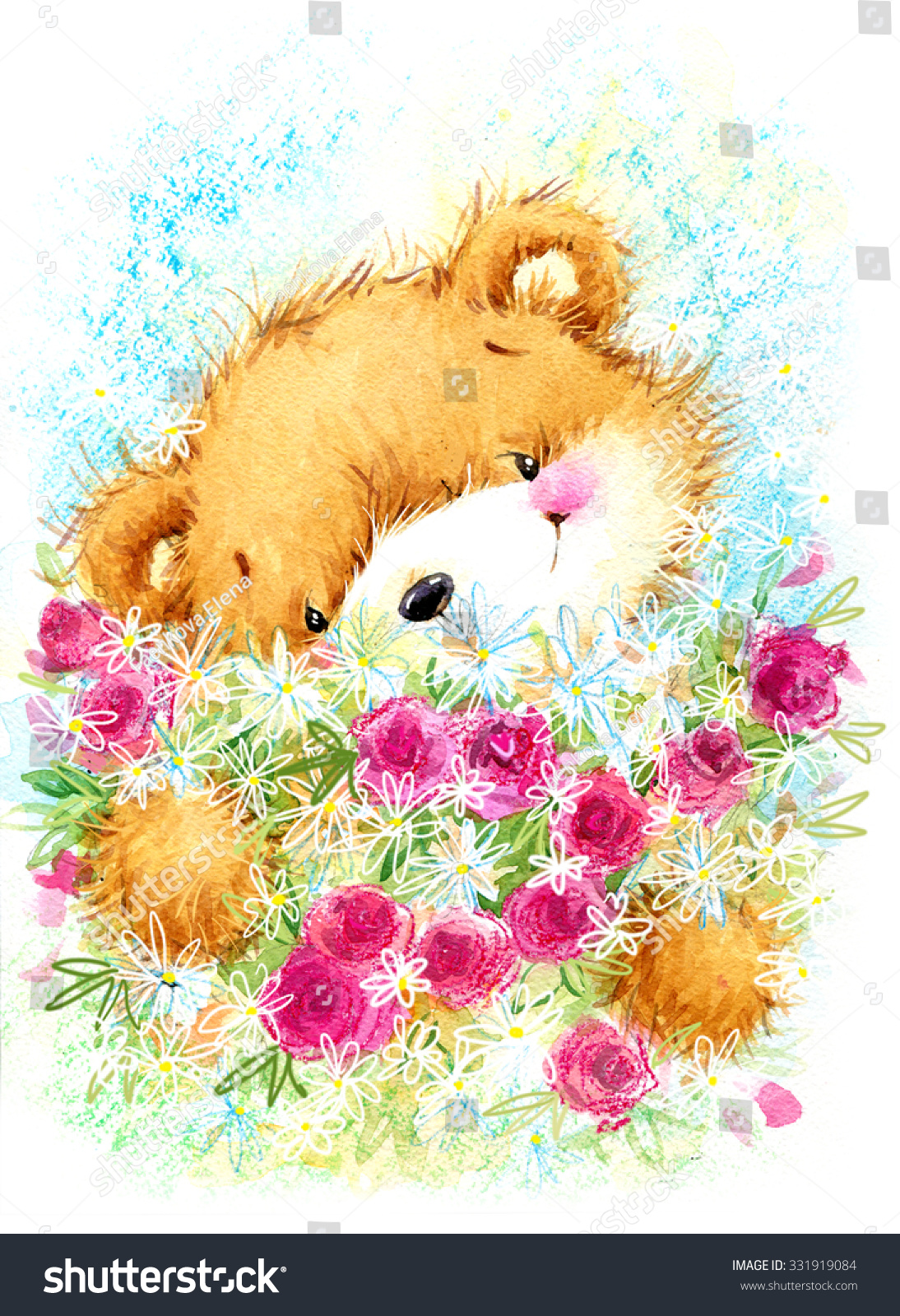 cute toy teddy bear and Birthday card background watercolor illustration cute toy teddy bear and Birthday card background watercolor illustration