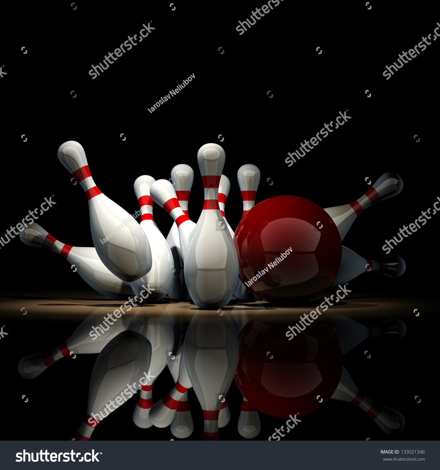 3d Bowling Ball Crashing Into The Pins Isolated On Black Background ...