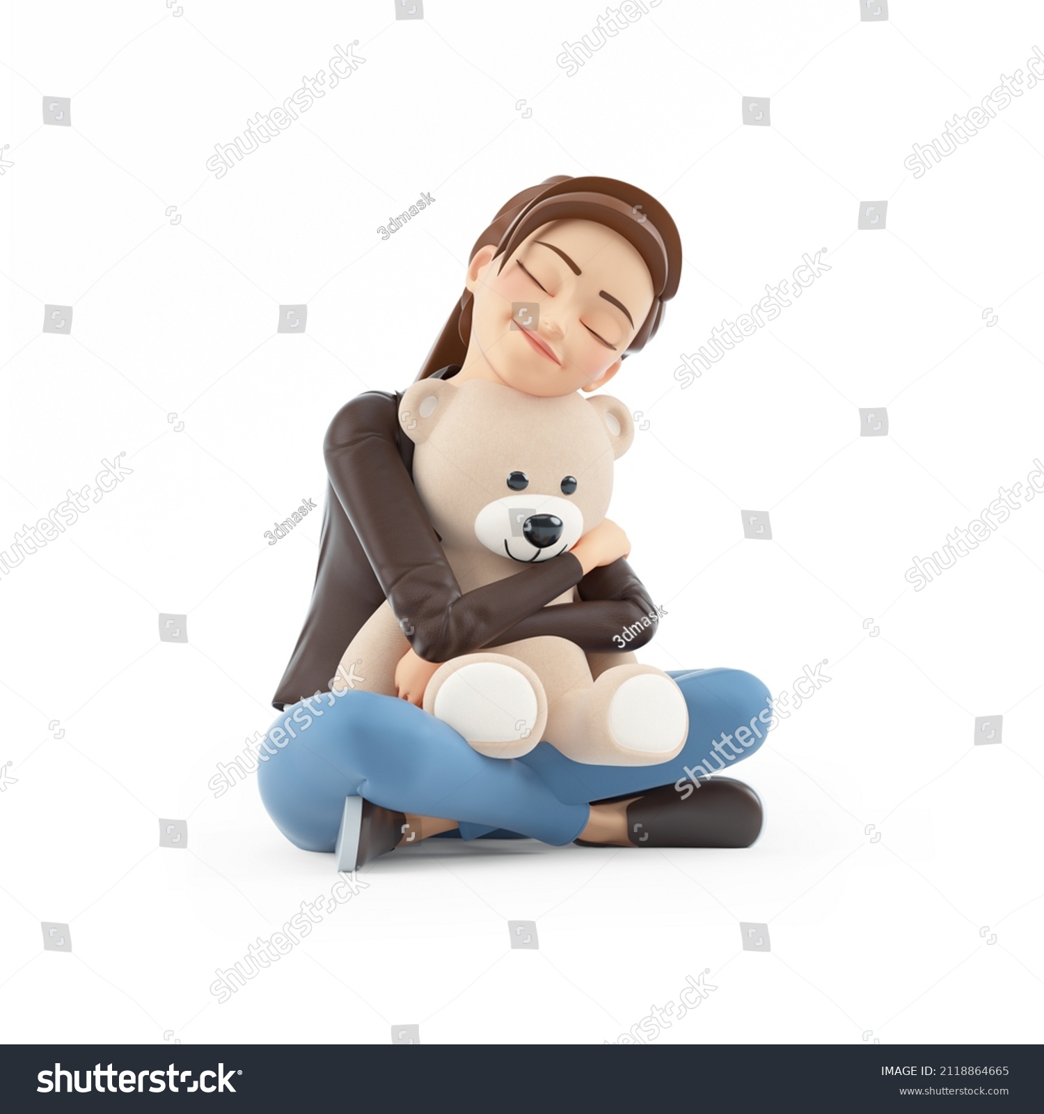 3d Cartoon Woman Sitting On Floor Stock Illustration 2118864665