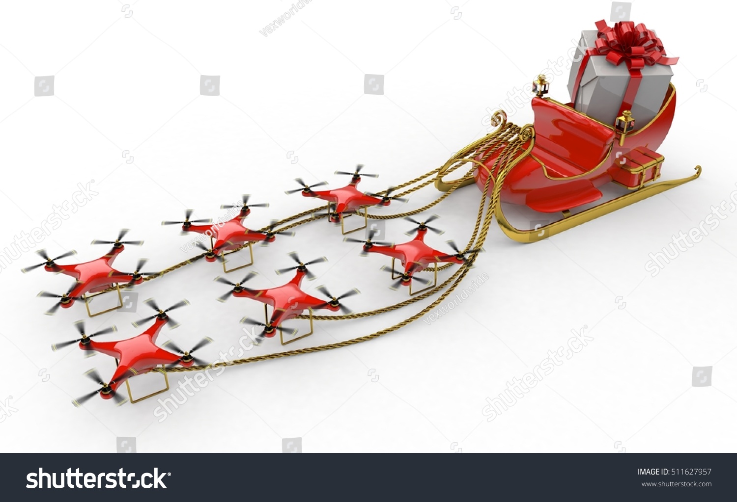 3D Illustration of sleigh being pulled by drones 3D Illustration of sleigh being pulled by drones