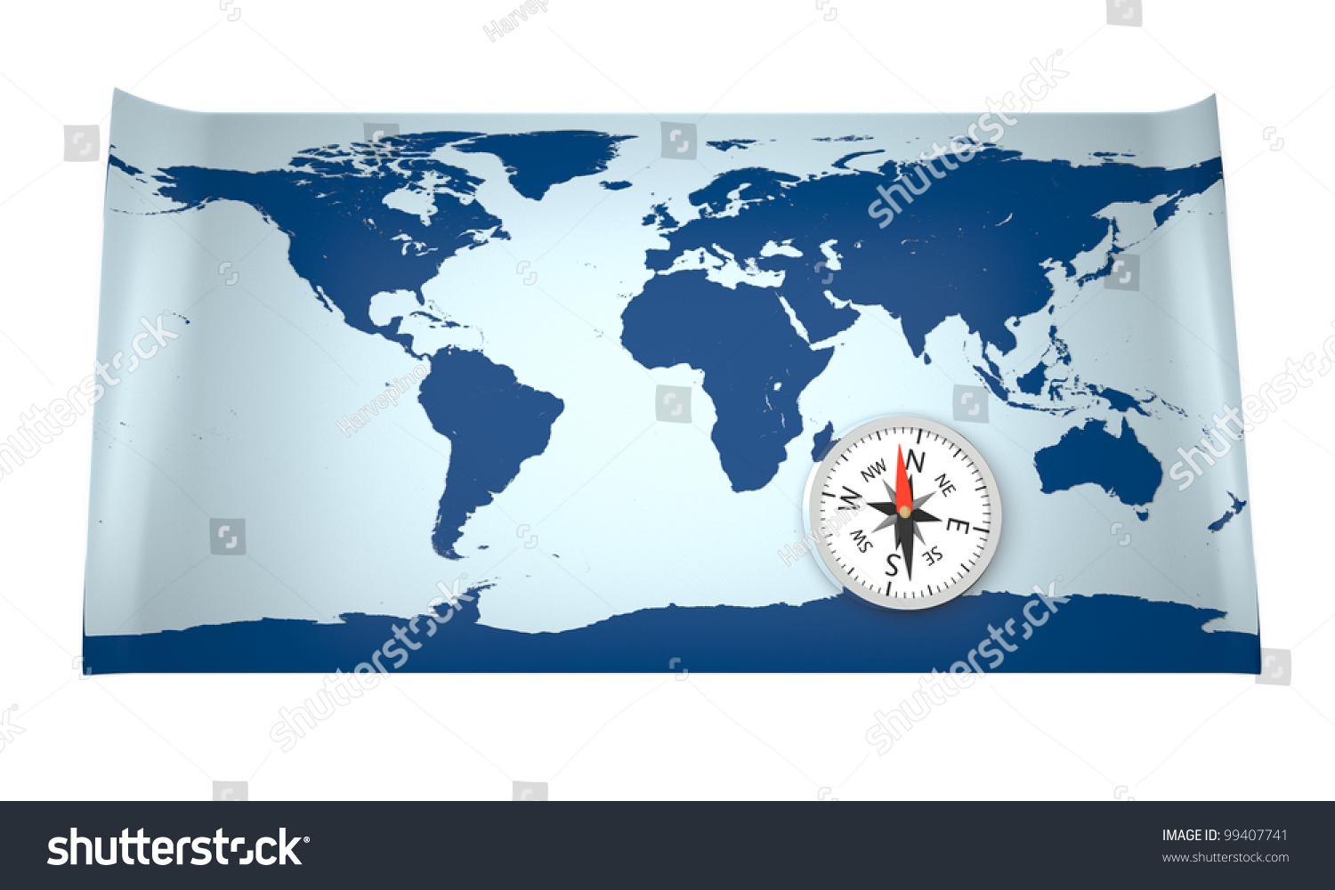 3d Model Of World Map With Compass. World Map Provided By Visibleearth.Nasa.Gov Stock Photo 