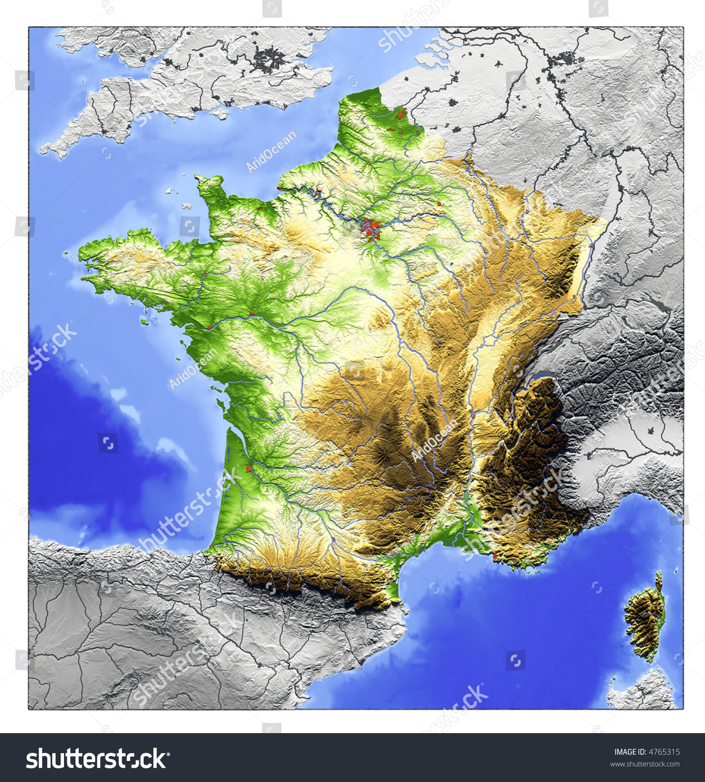 3d Relief Map Of France, Seen From Above. Shows Major Cities And Rivers, Surrounding Territory 