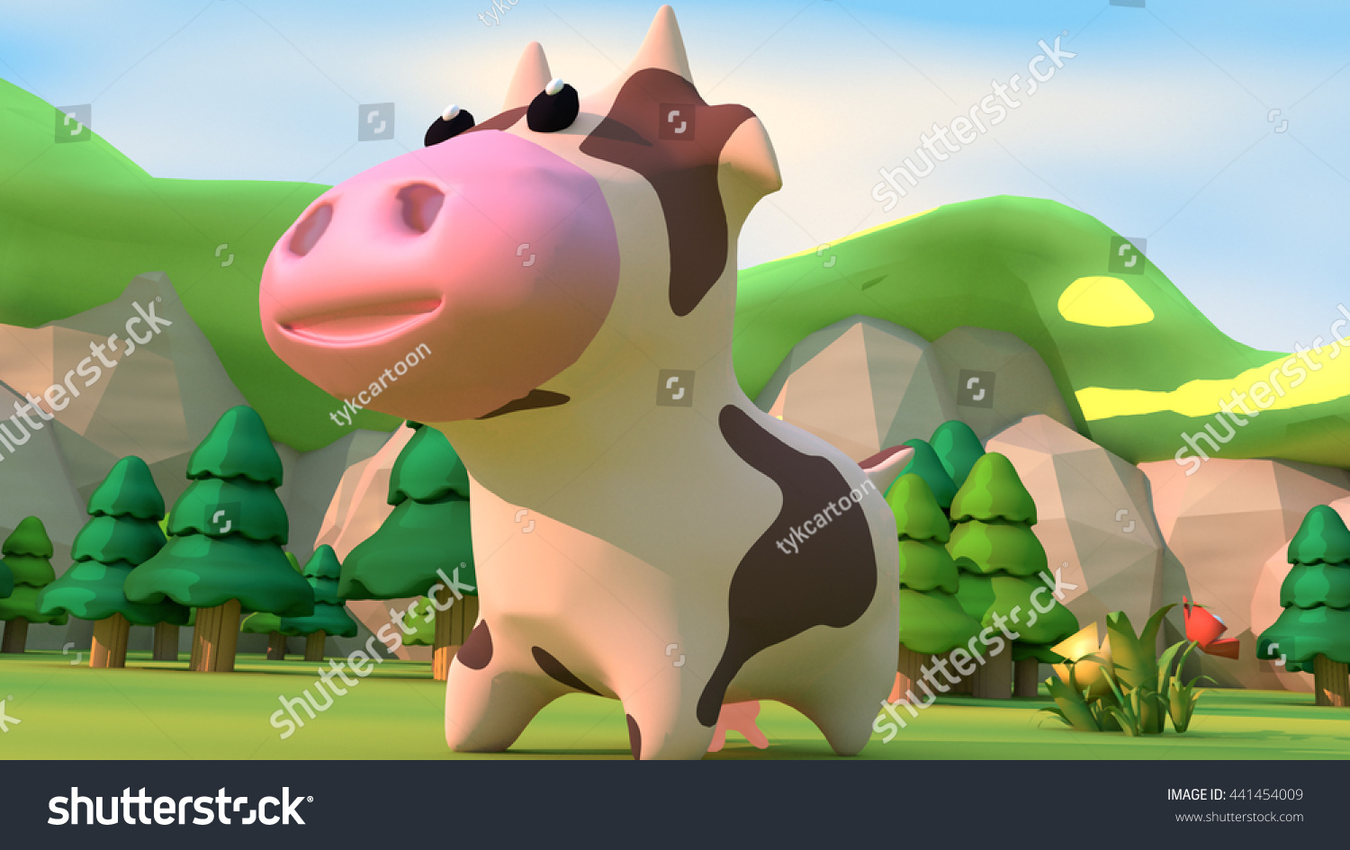 3d Render Cartoon Cow Close Up Outdoor Nature Landscape And Green