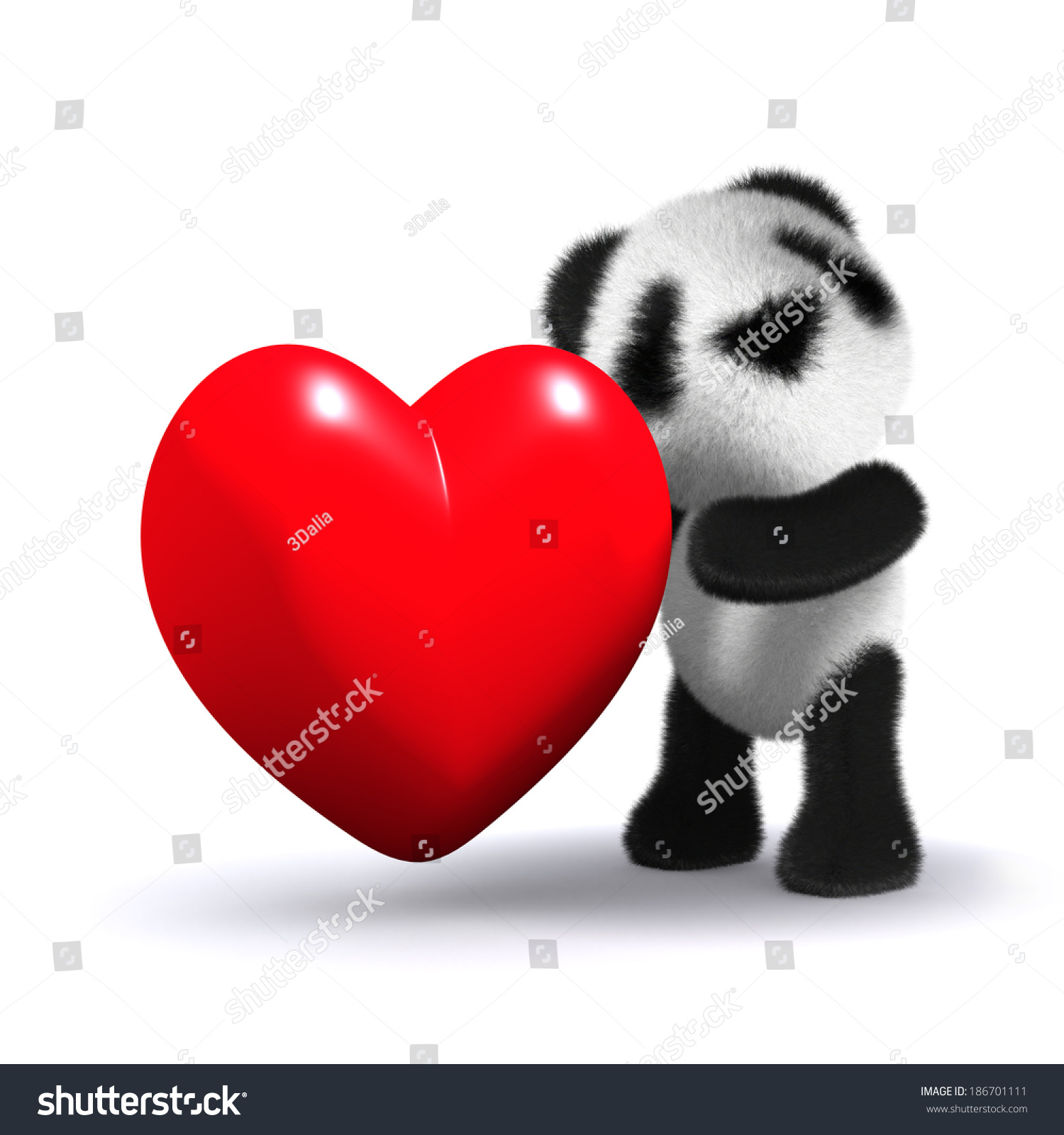 3D render of baby panda cuddling a red heart 3D render of baby panda cuddling a red heart
