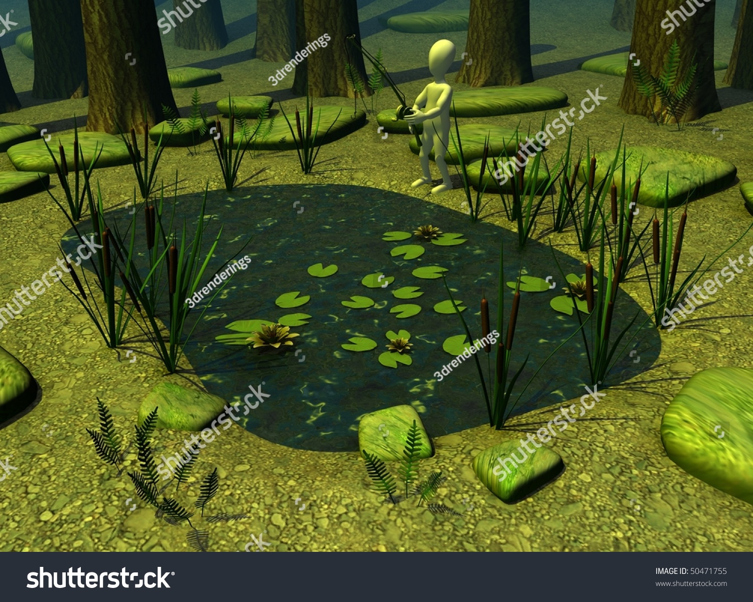 3d Render Of Cartoon Character With Forest Pond Stock Photo 50471755