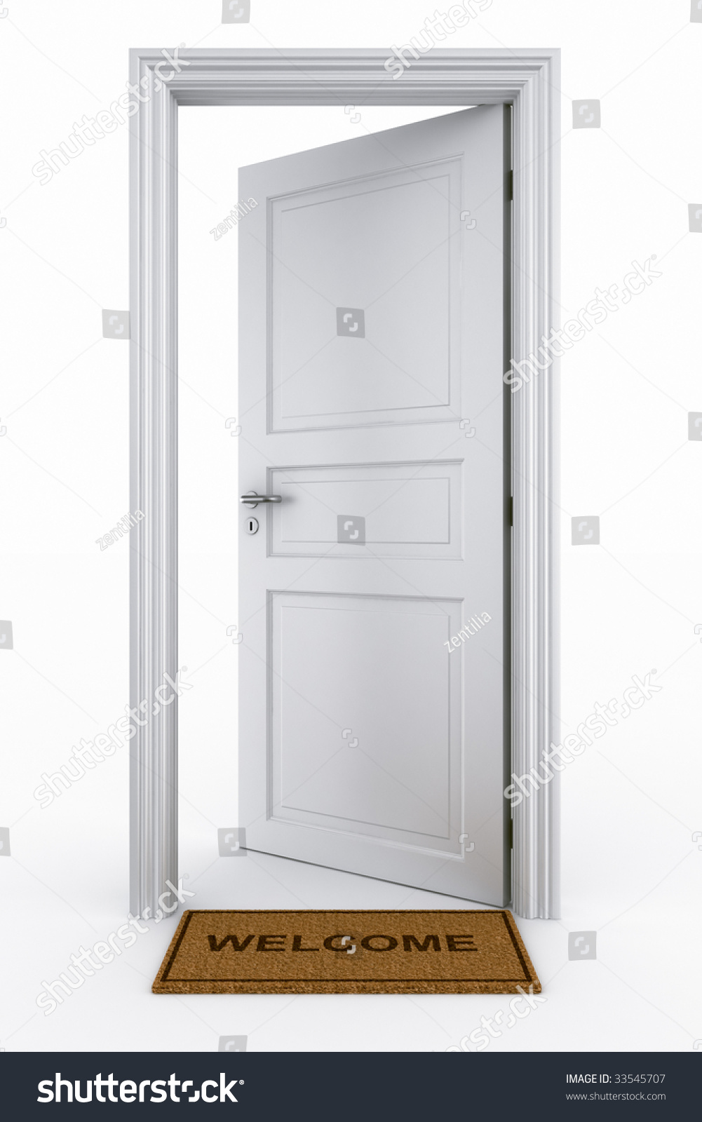 3d Rendering Of An Open Door With Welcome Mat Stock Photo ...
