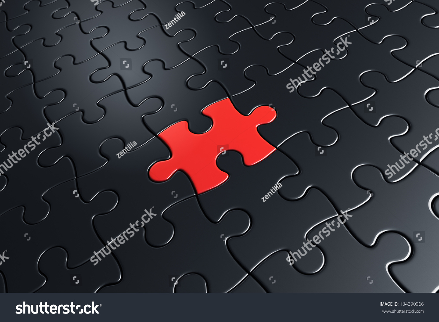 3d Rendering Of Black Puzzle Pieces With One Red Piece Stock Photo