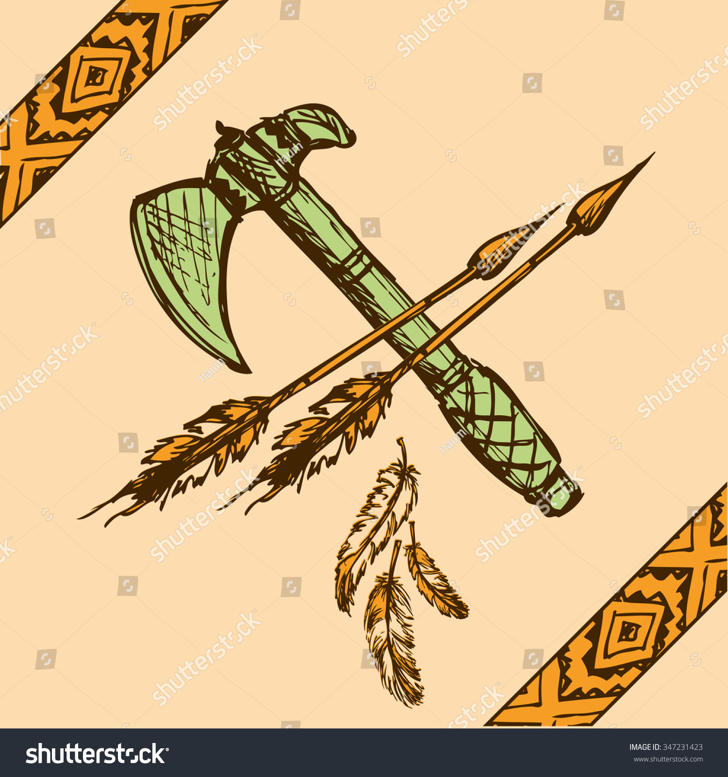 Illustration Of Native American Indian Tomahawks, Hand Drawing