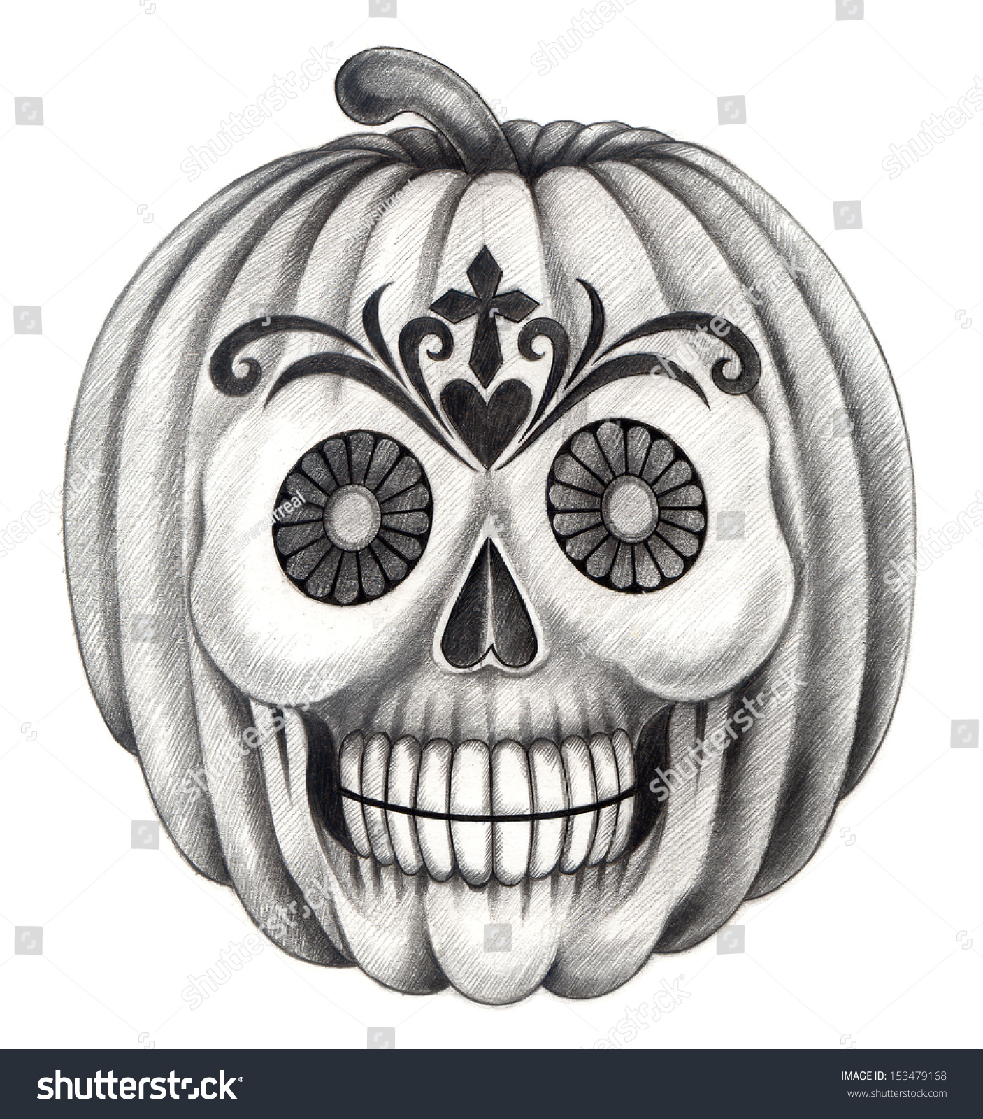 Skull Pumpkin Halloween. Hand Drawing On Paper. Stock Photo 153479168