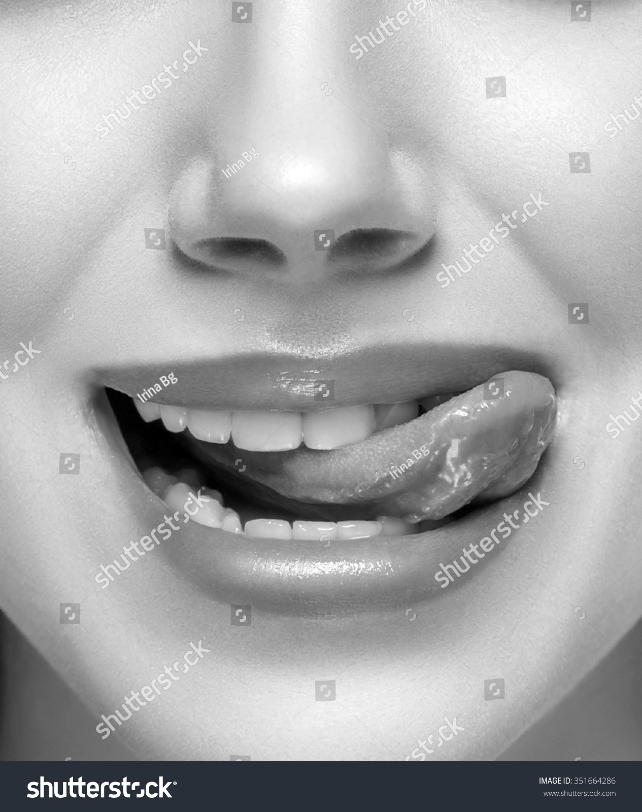 Tongue Open Mouth Woman Black And White Stock Photo