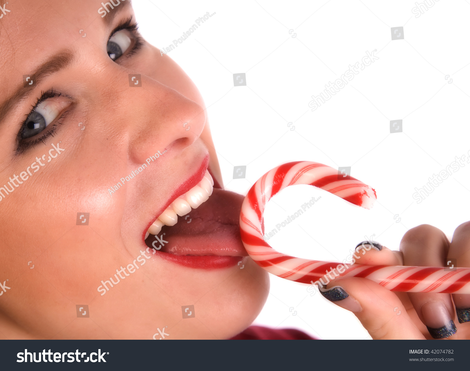 Close Woman Red Lipstick Licking Red Stock Photo 420